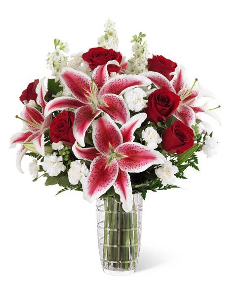 Anniversary bouquet with red roses and lilies