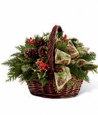 Greens basket with holly, salal and pine cones 