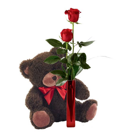 A single rose is delivered with a teddy bear