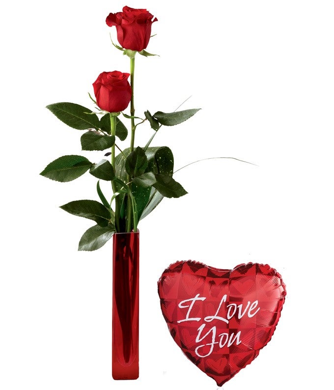 2 pieces Red Roses and Aspidistra Leaf with 1 piece Love-Themed Mylar Balloon in a Thin Crimson Colored Vase