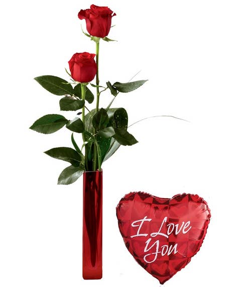 I love you balloon with a single long stem red rose bouquet