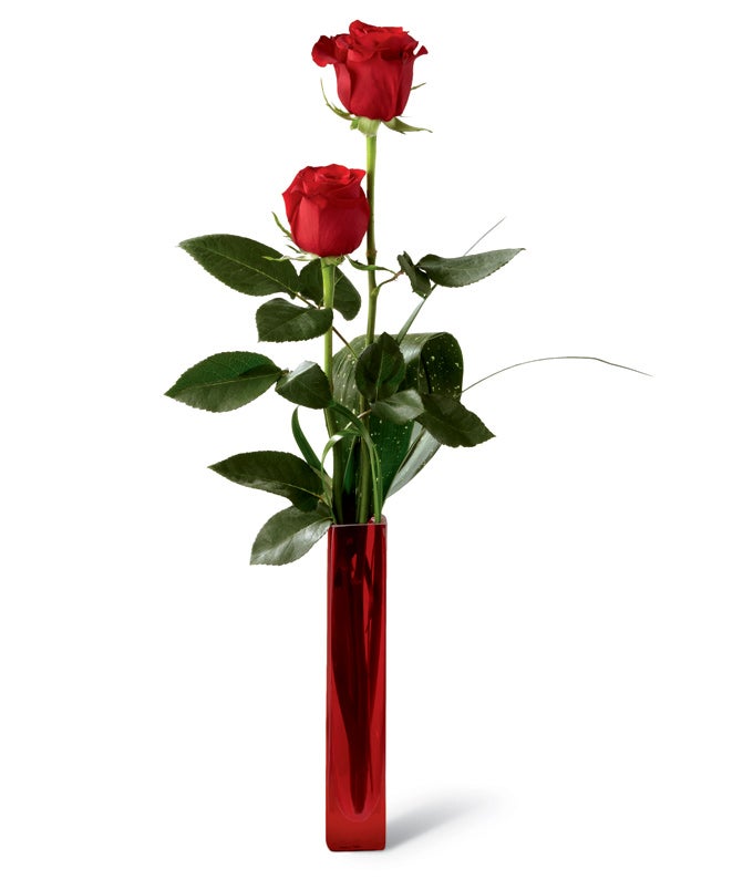 2 pieces Red Roses and Aspidistra Leaf in a Thin Red Vase