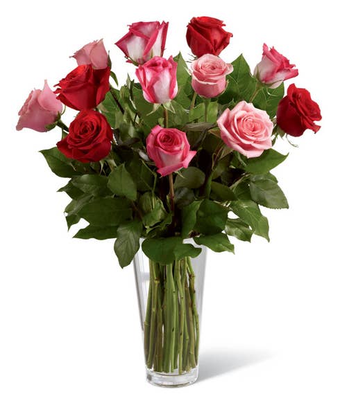 Floating dreams roses bouquet with pink, red and fuchsia long stem roses