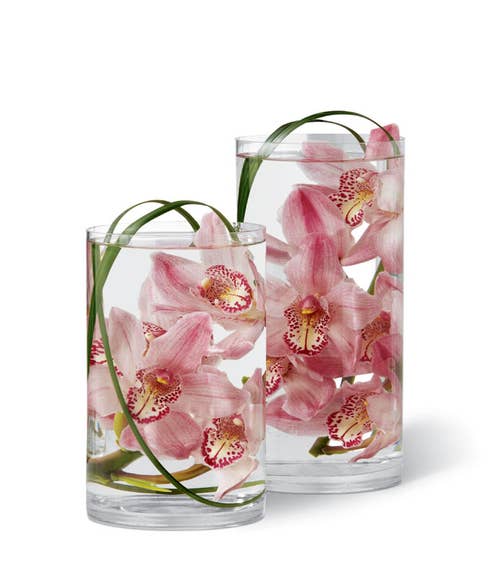 Two clear glass cylindrical vases filled with water hold lovely floating pink cymbidium orchid blooms
