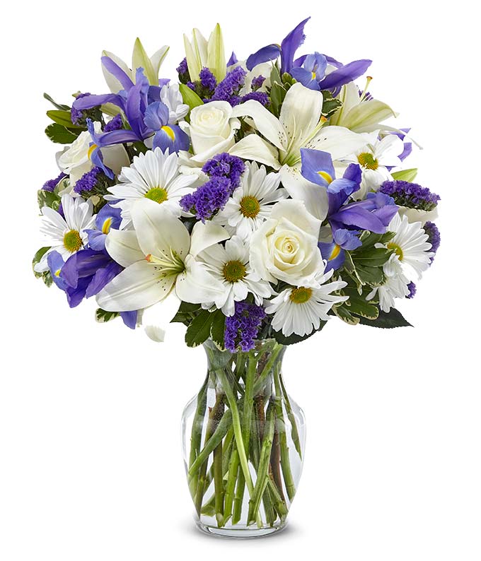 White flower and iris flower delivery bouquet with pretty cheap flowers