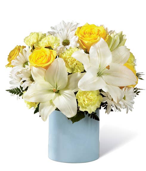 new baby flowers delivery and white lily bouquet, lily and yellow rose delivery