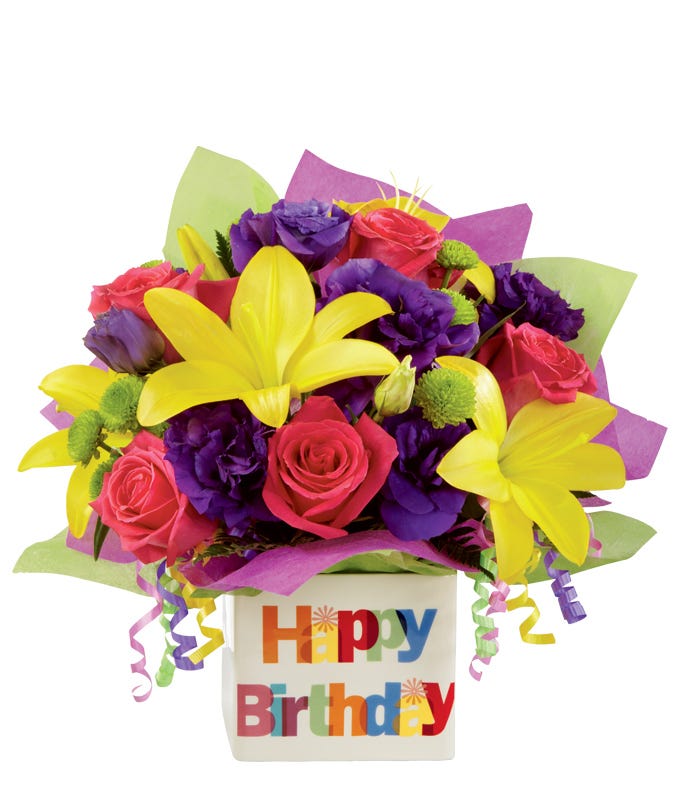 FTD Happy birthday yellow lily and hot pink rose bouquet with purple lisianthus