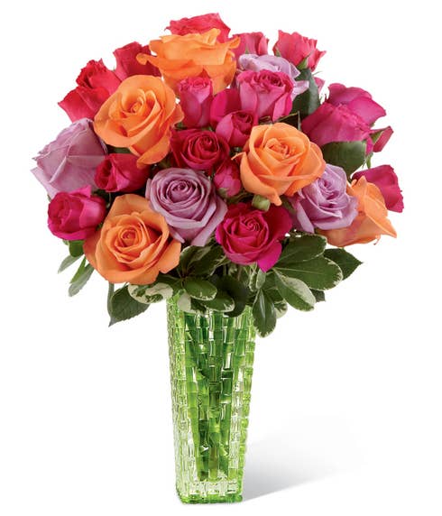 Mixed rose bouquet with orange roses, lavender roses and pink roses