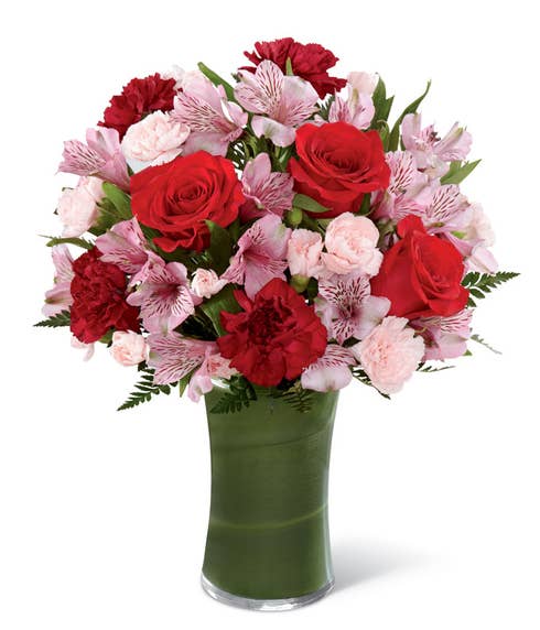 Red rose bouquet with burgundy carnations, and pink peruvian lilies 