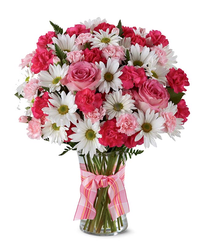 White daisies and pink roses