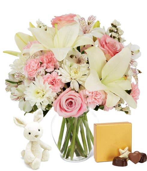 Spring white lily and pink rose bouquet with plush bunny and chocolate