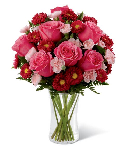 Red roses, red asters and pink mini carnations