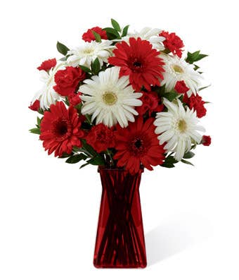 White gerbera daisies, red gerbera daisies and mini carnations with greens in a ruby gathered square vase