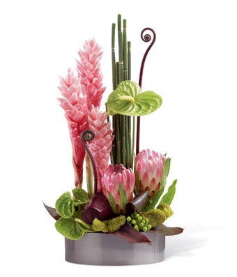 A Bouquet of Pink Ginger, Bright Green Anthurium, Queen Protea, Green Hypericum Berries and Tropical Greens