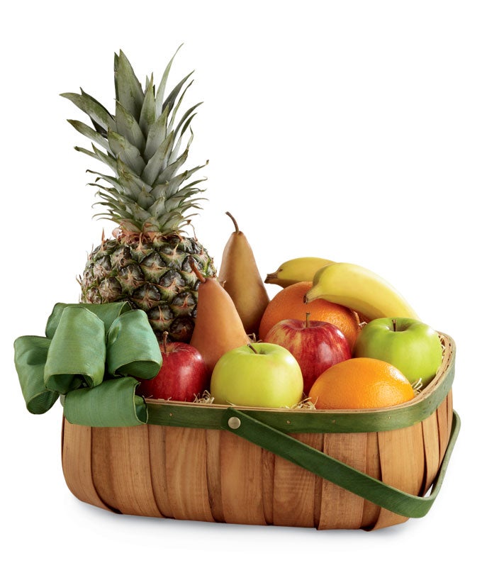Assortment of Fruits in a Green Rimmed Woven Basket with Green Decorative Ribbons and Card Message