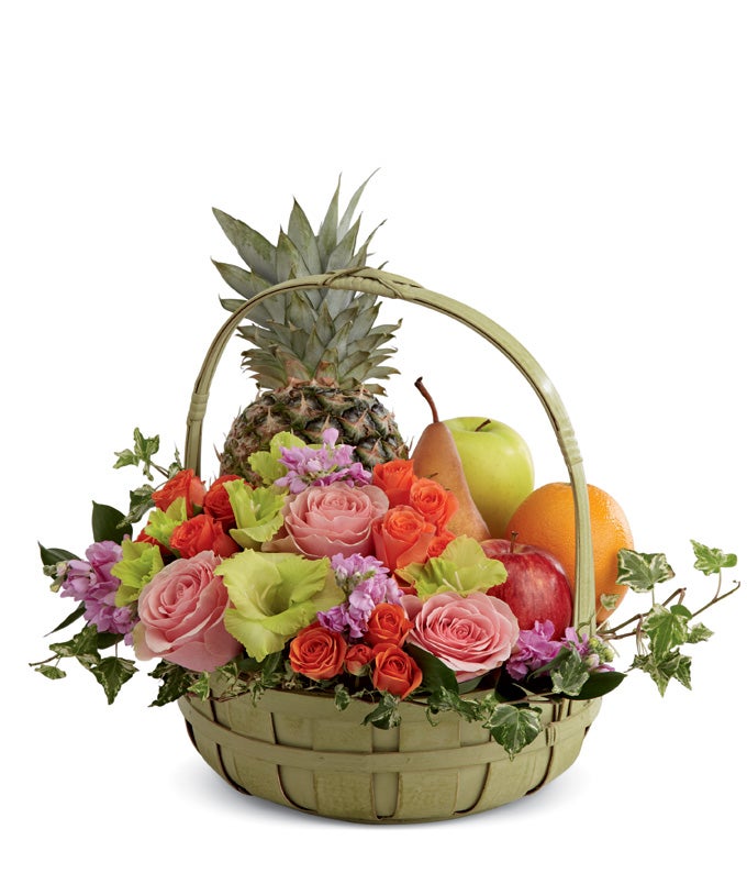 Fresh Fruit, Pink Roses, Orange Spray Roses, Green Gladiolus and Variegated Ivy in a Large Green Basket