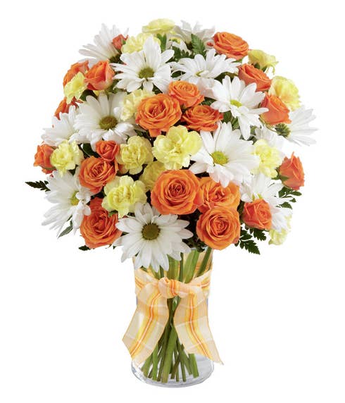 orange rose and white daisy bouquet