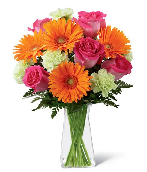 Orange gerbera daisy arrangement with hot pink roses by send flowers