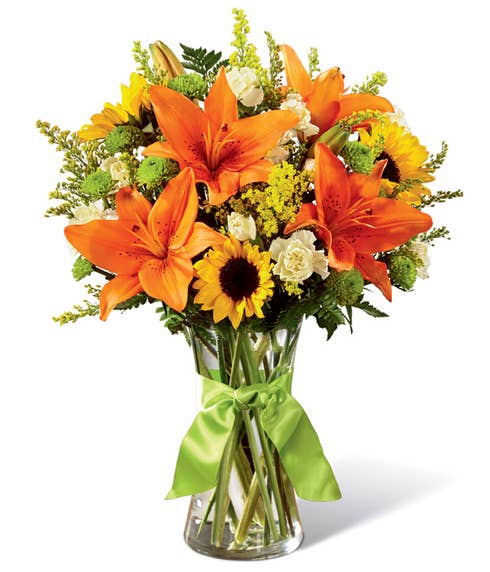 Lily flower bouquet with orange lily, sunflowers and cheap flowers for cheap flower delivery