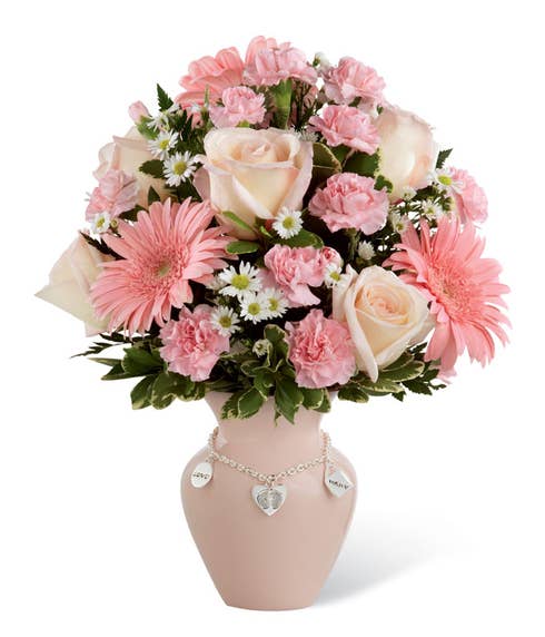 New Mom flower arrangement with pink roses, carnations and gerbera daisies 