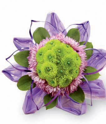 Bouquet of lavender chrysanthemums and green button poms arrangement