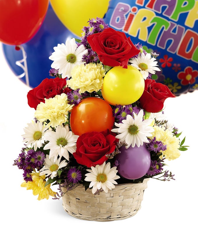 A Bouquet of Red Roses, White Daisies, and Yellow Carnations in a Basket with 3 Pieces Latex Balloons and Mylar Birthday Balloon