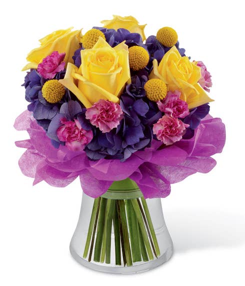 Yellow roses, pink carnations and purple hydrangea florist delivered