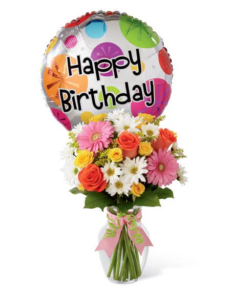 Happy birthday flower and balloon bouquet with happy birthday mylar balloon