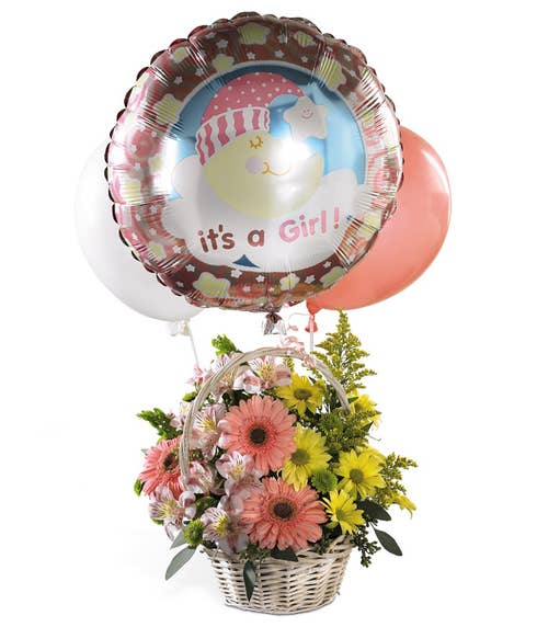 new baby girl gift basket flowers with it's a new baby floating mylar balloon