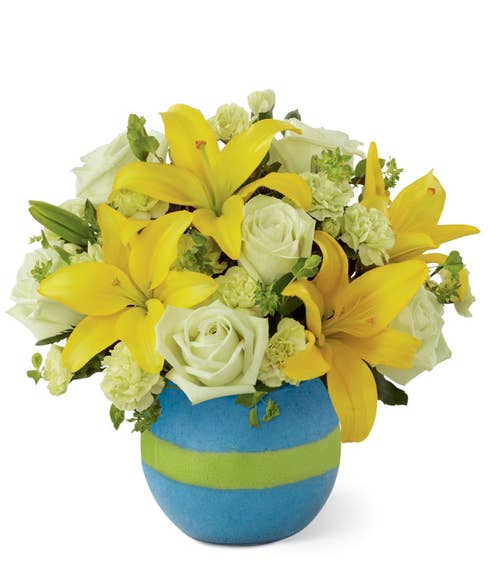 New baby flowers bouquet with yellow lilies, green roses and green carnations