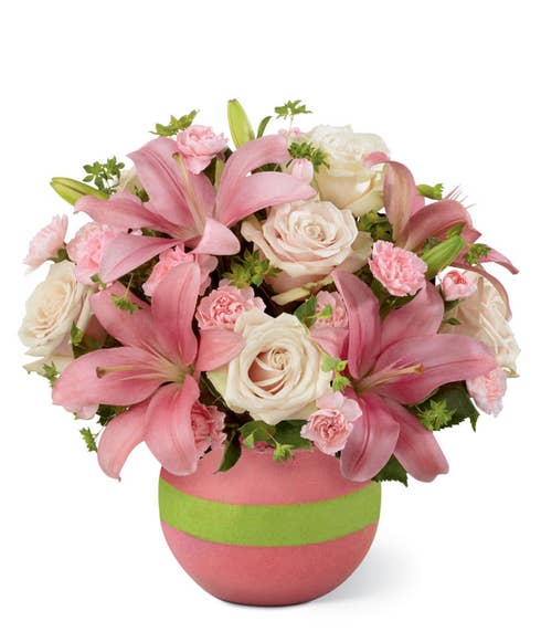 Bouquet of pale pink roses, pink Asiatic lilies, pink mini carnations and bupleurum