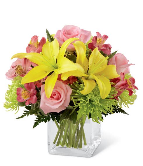 Yellow lily bouquet with pink roses for cheap flowers delivery on discount flowers flower bouquets.