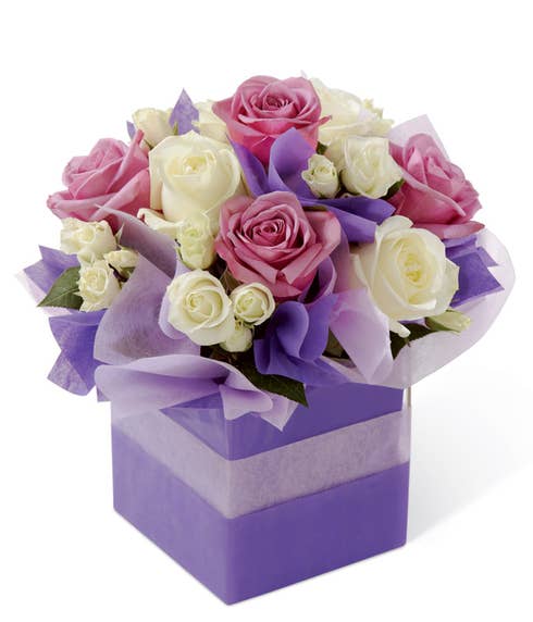 lavender rose bouquet in lavender gift box for same day flower delivery presents