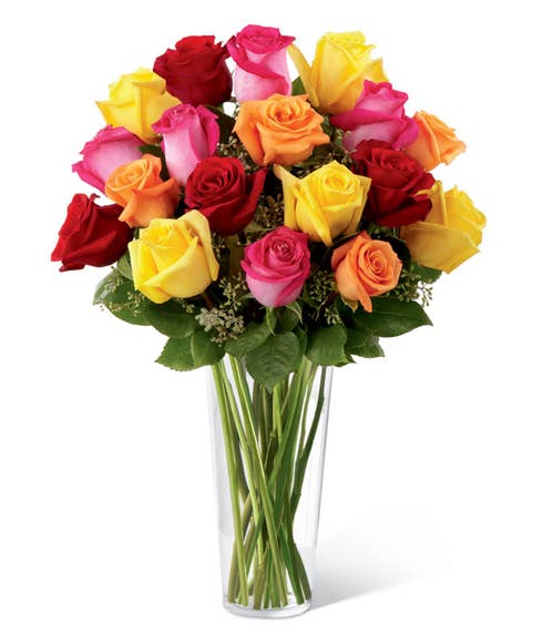Mixed long stem rose bouquet with red, yellow, pink and orange roses