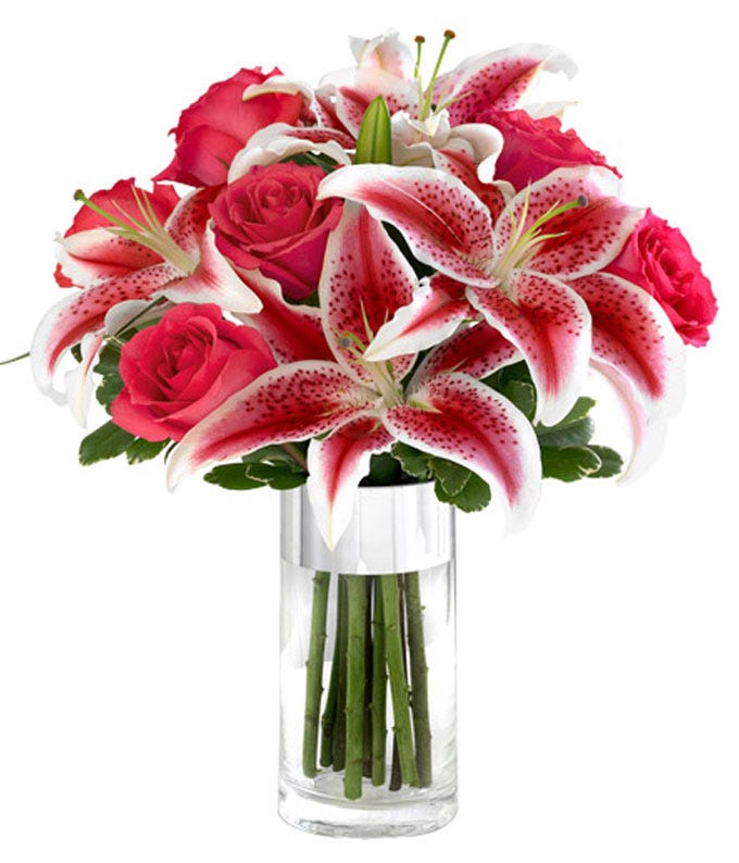 Hot pink roses and Stargazer lilies in a glass silver banded vase