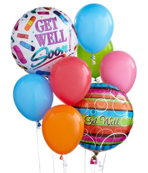 2 Get Well Soon balloons and 6 assorted latex balloons