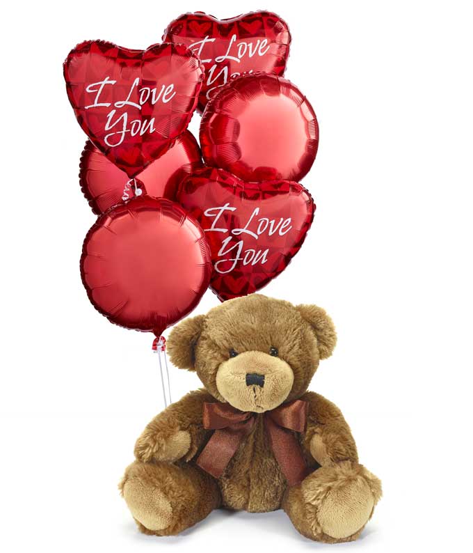 6 I Love You Mylar Balloons Hand tied with a ribbon with Plush Bear