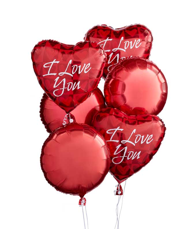 3 red heart shaped I Love You balloons and 3 red round balloons width=