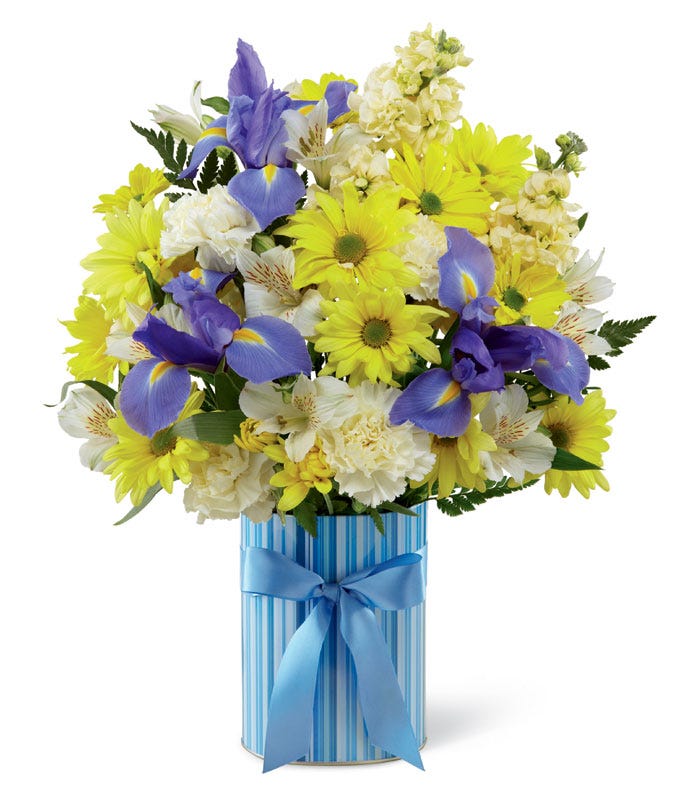 New baby flower bouquet of blue iris and yellow daisies 