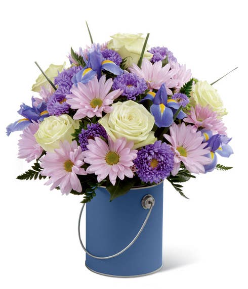 Blue flowers bouquet with lavender daisy, pale green roses, and cheap flowers