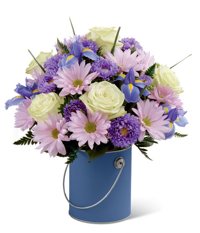 Blue flowers bouquet with lavender daisy, pale green roses, and cheap flowers