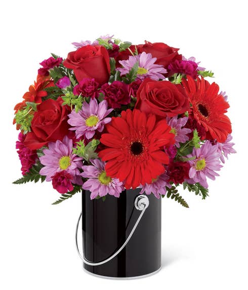 Red gerbera daisy bouquet for cheap flower delivery online in a black can vase