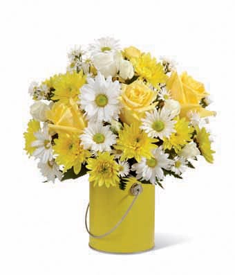 Yellow rose and white daisy paint can bouquet at Send Flowers