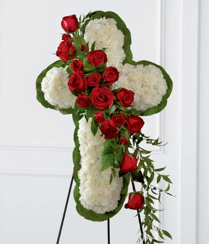 Cross Flower Arrangement Including Red Roses and White Carnations