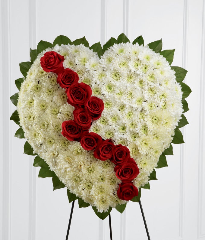 Heart Shaped Flower Arrangement Including Red Roses and White Chrysanthemums with Stand