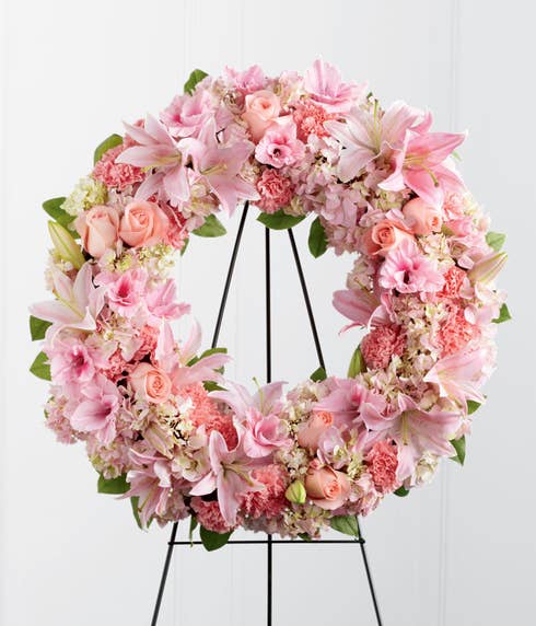 Pink sympathy wreath spray, wreath funeral flower delivery by send flowers