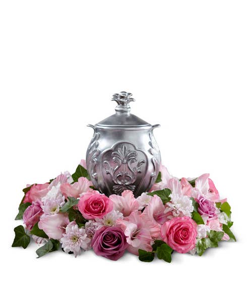 Hot pink and dark purple rose urn flower arrangement with pink gladiolus
