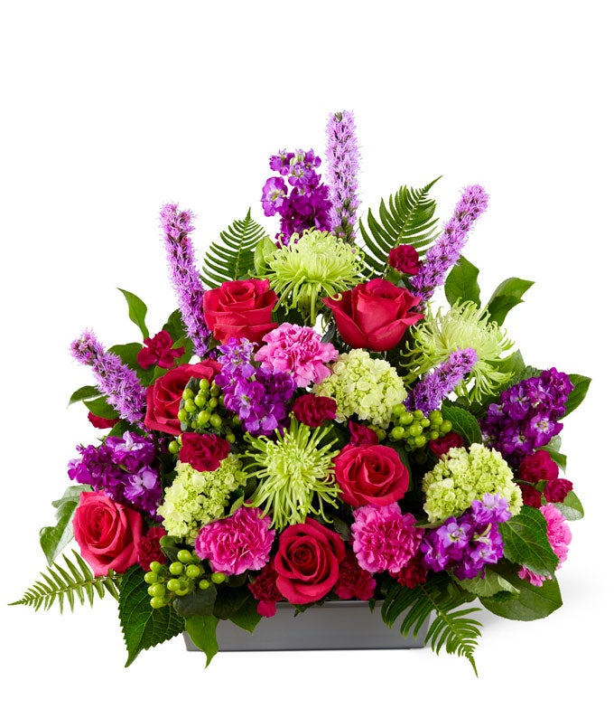 A Bouquet of Hot-Pink Roses, Green Spider Chrysanthemums, Fuchsia Carnations, Pink Carnations, Purple Stock, and Mini Hydrangea in a Square-Shaped Container