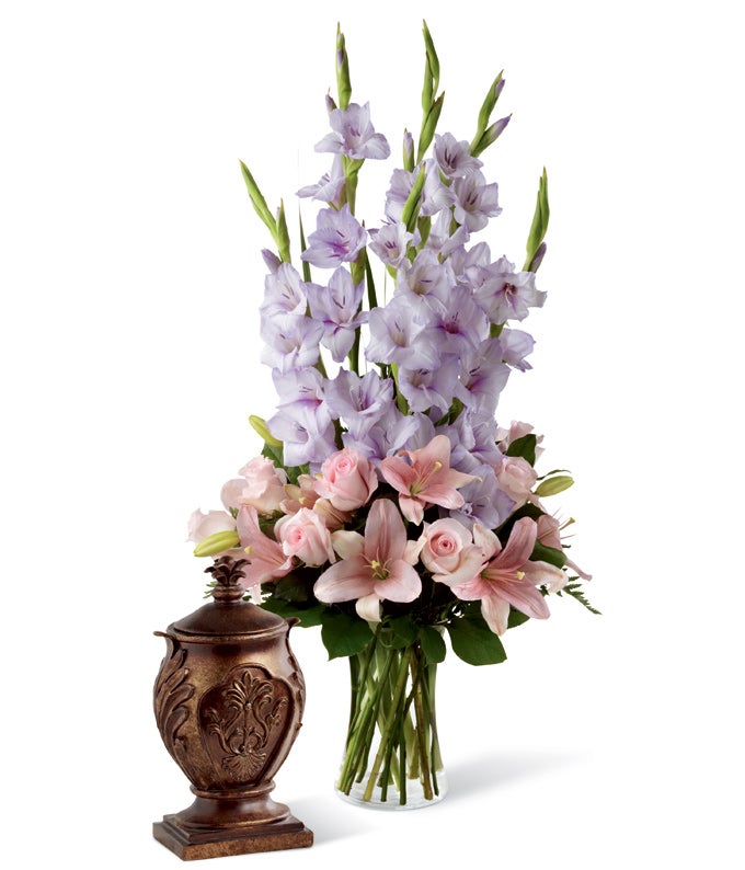 A Bouquet of Light Pink Roses, Pink Asiatic Lilies and Lavender Gladiolus in a Gathering Vase
