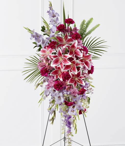 Stargazer funeral flower standing spray with stand for funeral flower delivery